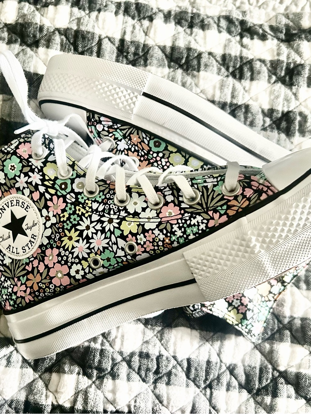 Converse Floral Low Top Sneakers in Black with Pink, Green & Cream Flowers